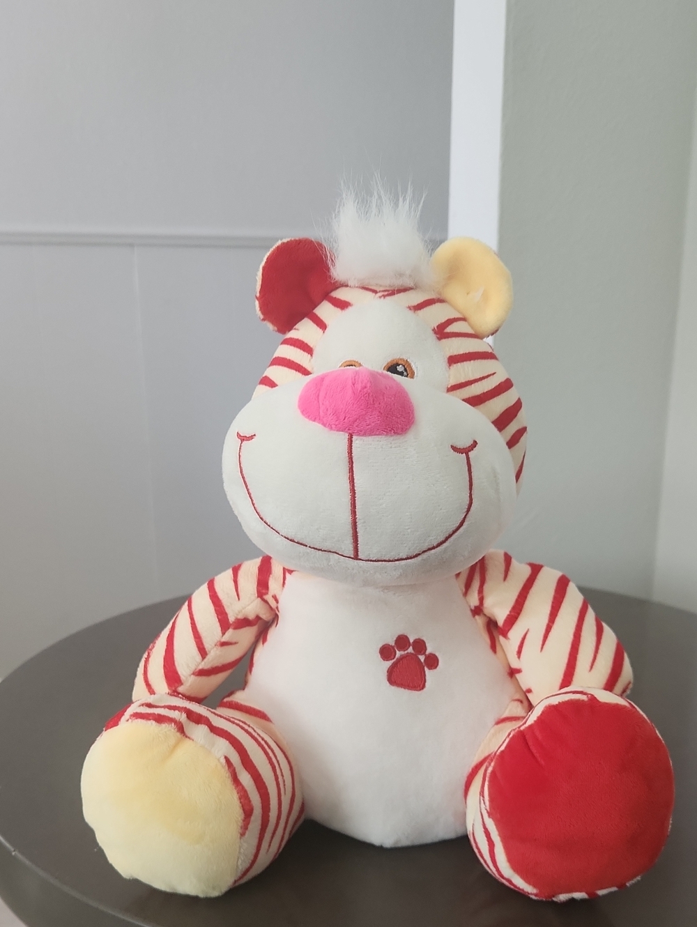 Striped Red & Cream Plush Bear with Pink Nose - Kids Stuffed Animal